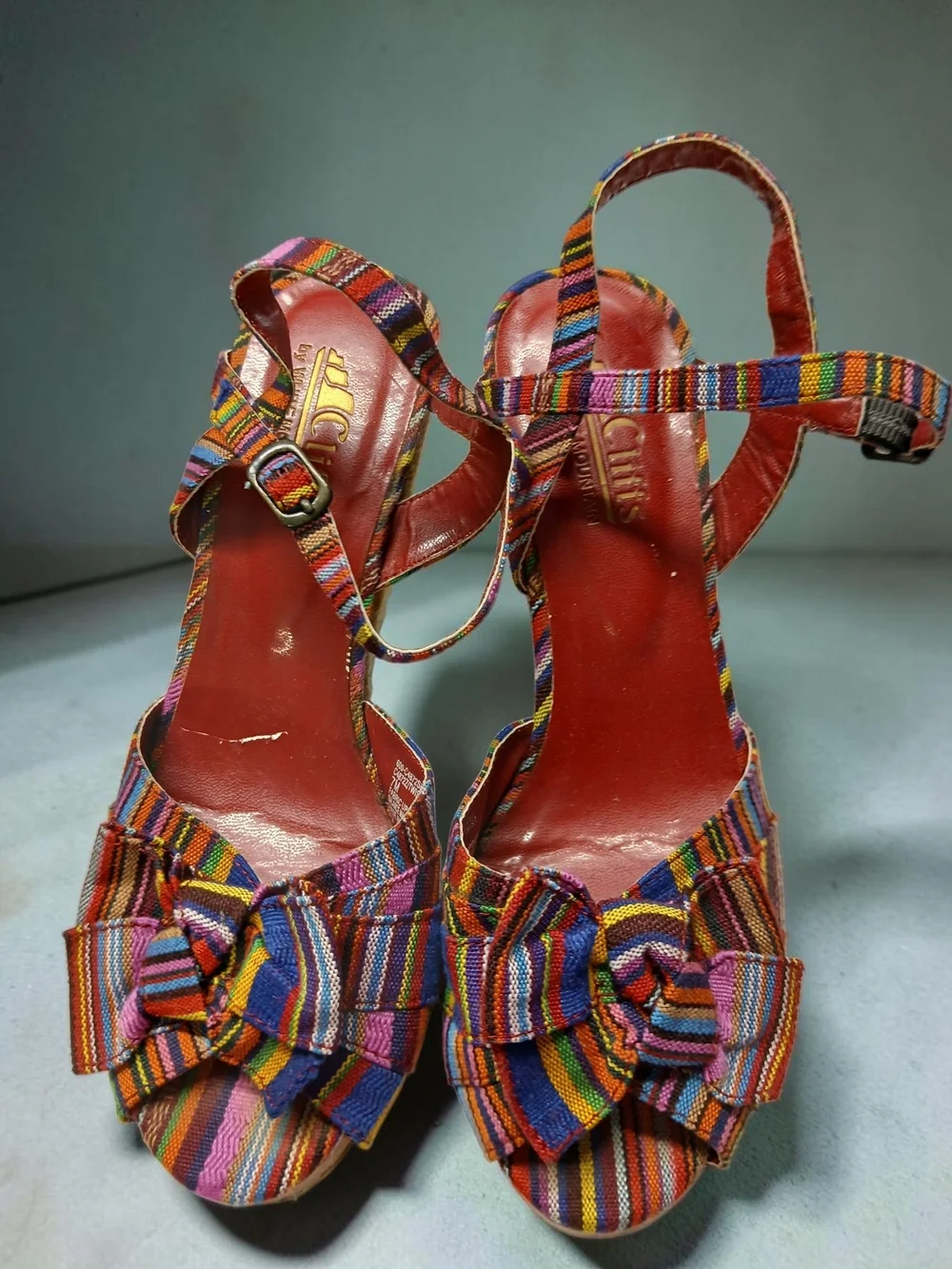 Colorful Striped Bow Wedge Sandals - Women's